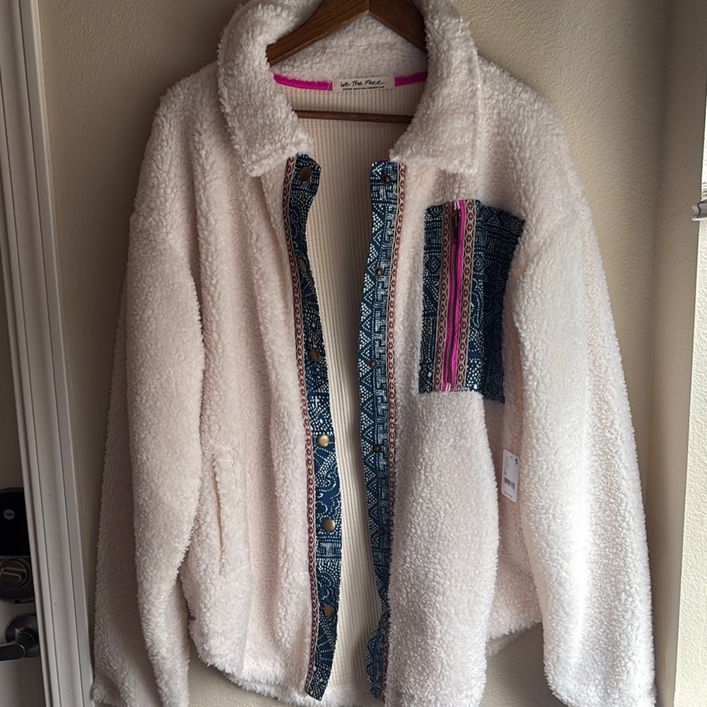 Free People Cream Sherpa Jacket with Patterned Trim